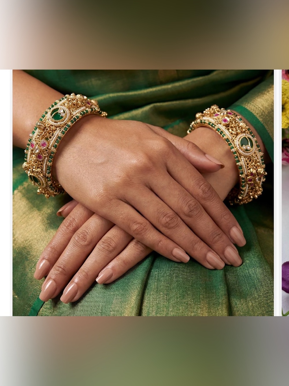 Gold Tone Green and Pink Stone Indian Style Bangle Bracelet Pair